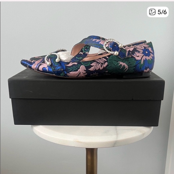 J. Crew Marina Criss Cross Strap Blue Pink Brocade Flat Shoes Size 10 - Picture 2 of 3